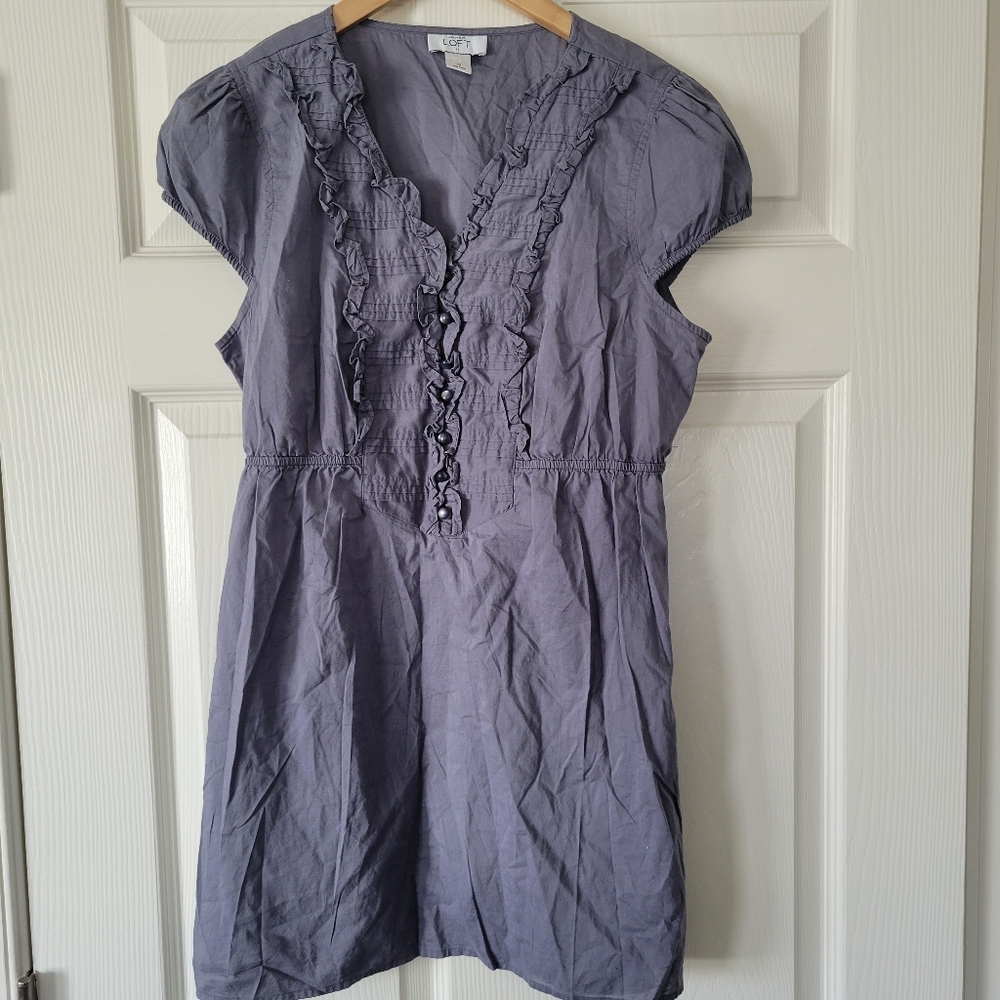 Ann Taylor LOFT Womens Gray Boho Ruffle Pleated Buttondown Mini Dress